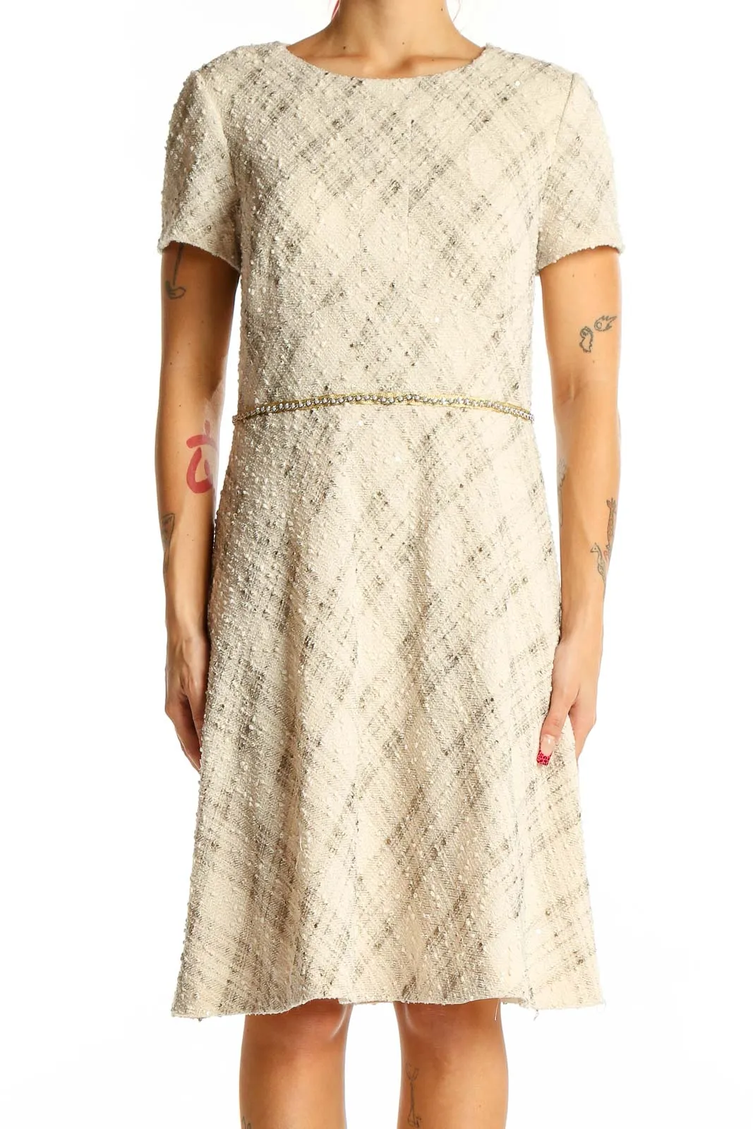 Cream Textured A-Line Cocktail Dress