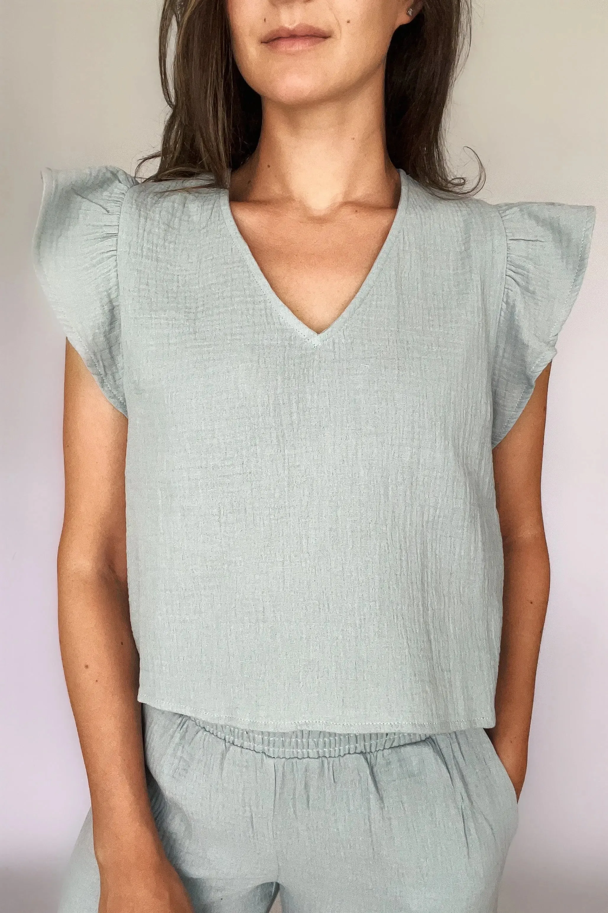 Double Gauze Ruffled Sleeve Top