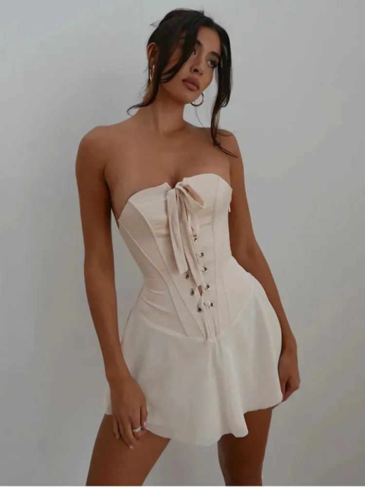 Elegant Strapless Lace Up Corset Club Backless Summer A-Line Dress