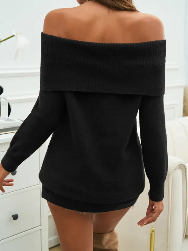 Folded Collar Off-Shoulder Knit Pullover