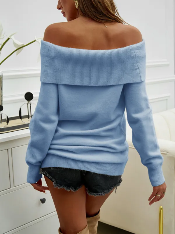 Folded Collar Off-Shoulder Knit Pullover