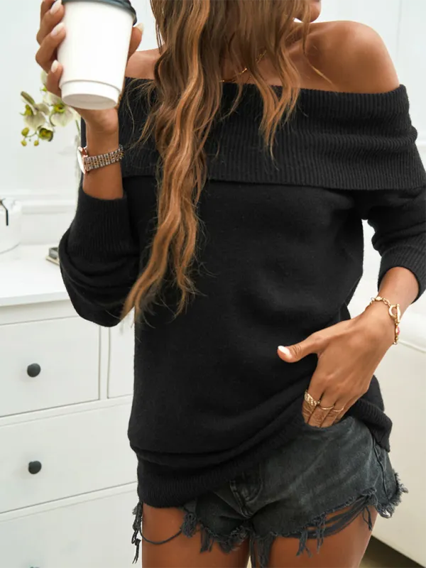 Folded Collar Off-Shoulder Knit Pullover