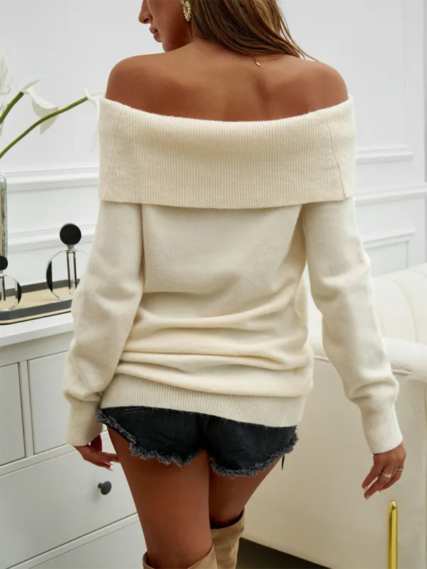 Folded Collar Off-Shoulder Knit Pullover