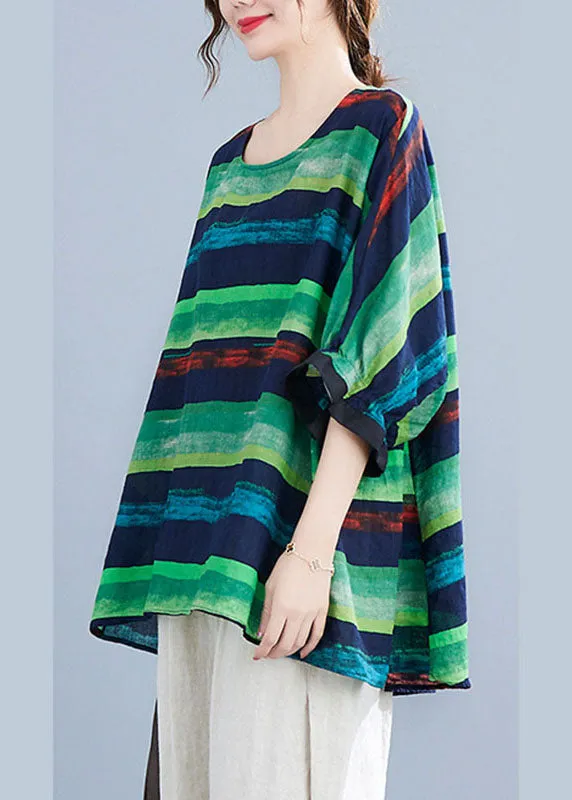 French Green O-Neck Print Ruffled Fall Striped Shirt Tops Half Sleeve