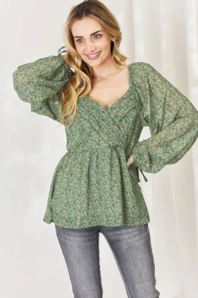 Full Size Floral Surplice Peplum Blouse