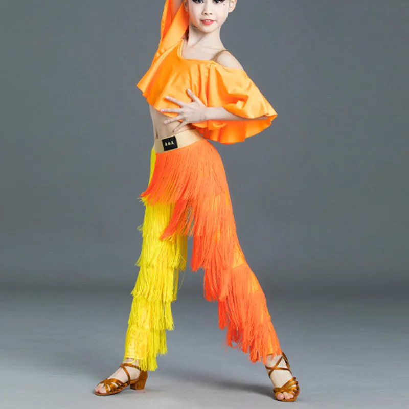 Girls Off Shoulder Tassel Latin Costume Tops Pants