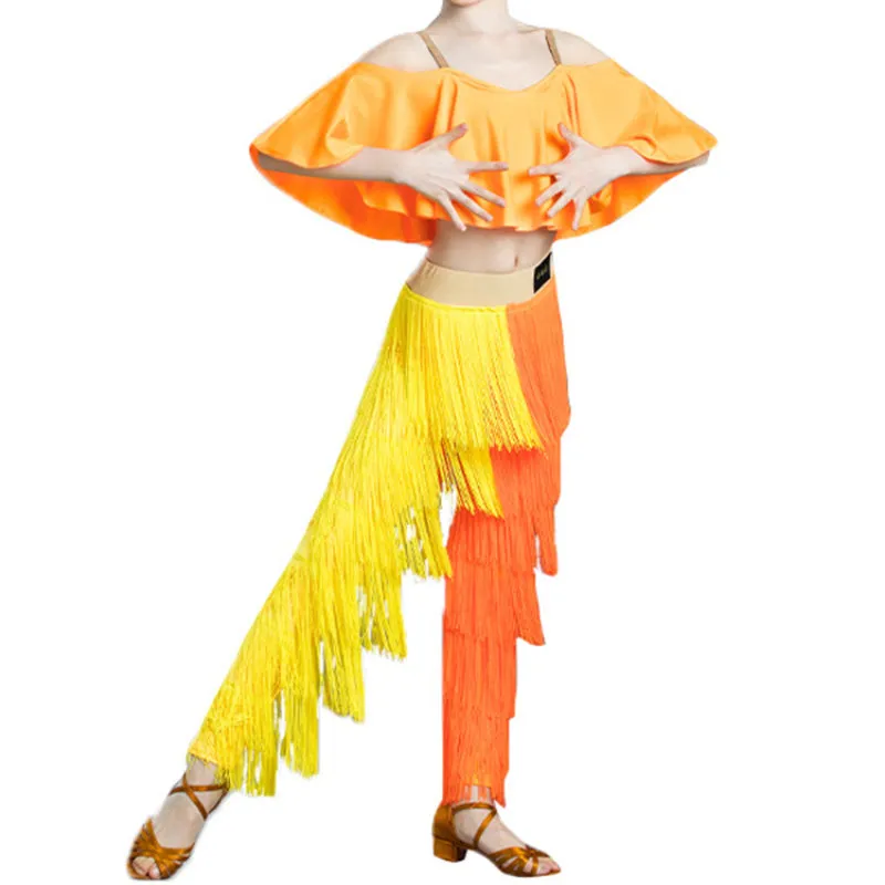 Girls Off Shoulder Tassel Latin Costume Tops Pants