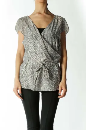 Gray and Silver V-Neck Waist-Tie Cap-Sleeve Peplum Blouse