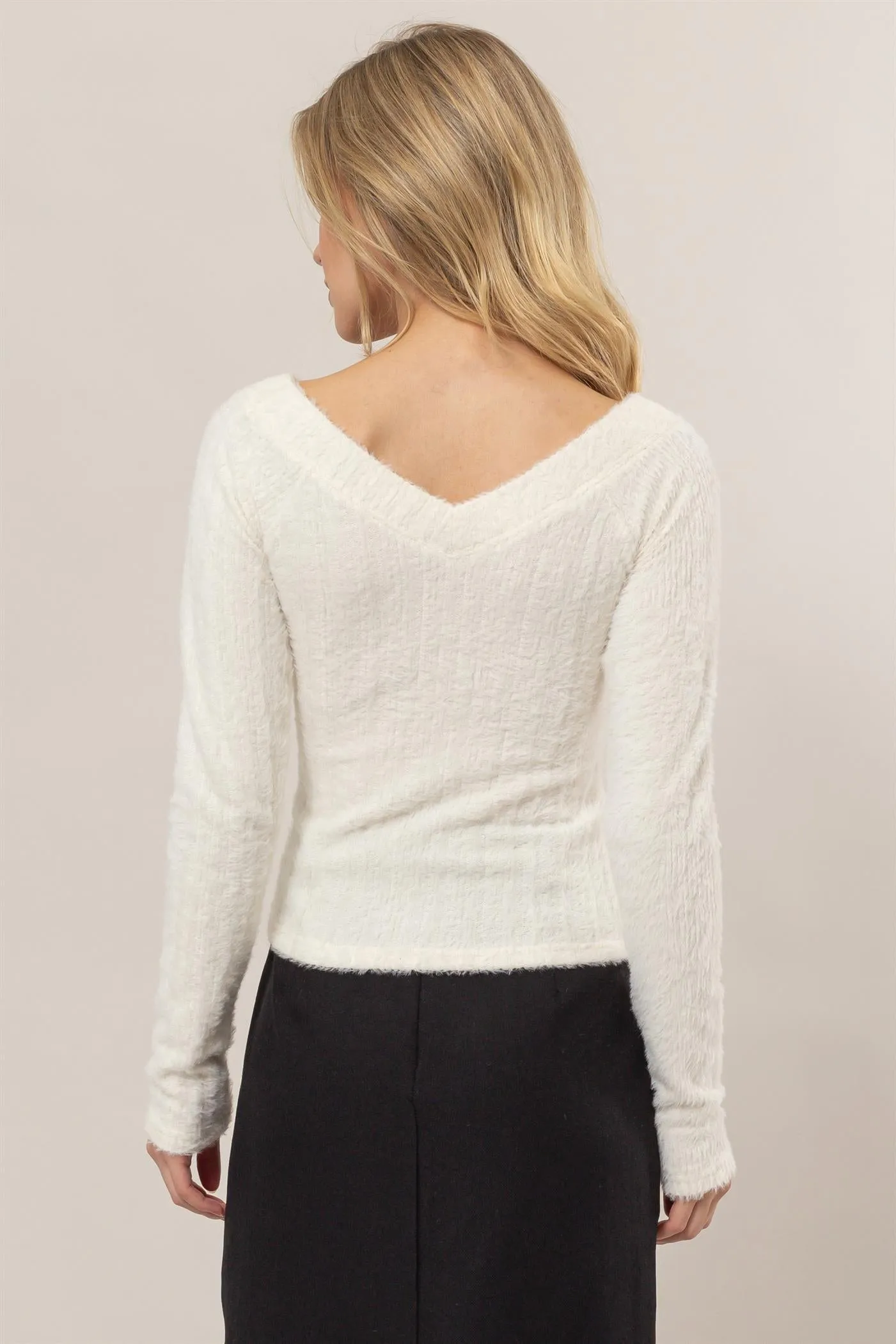 HF25A955-Fuzzy Knit Off-Shoulder Top