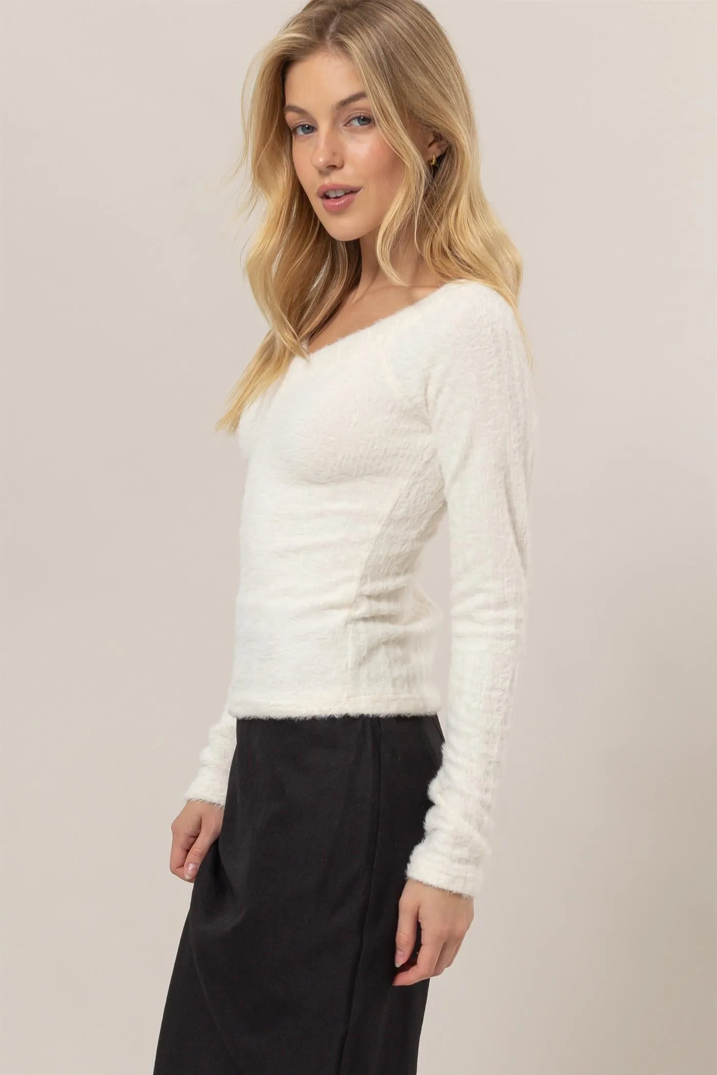 HF25A955-Fuzzy Knit Off-Shoulder Top