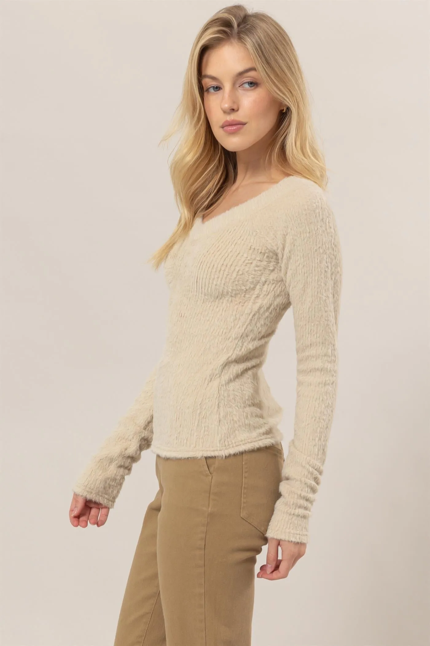 HF25A955-Fuzzy Knit Off-Shoulder Top