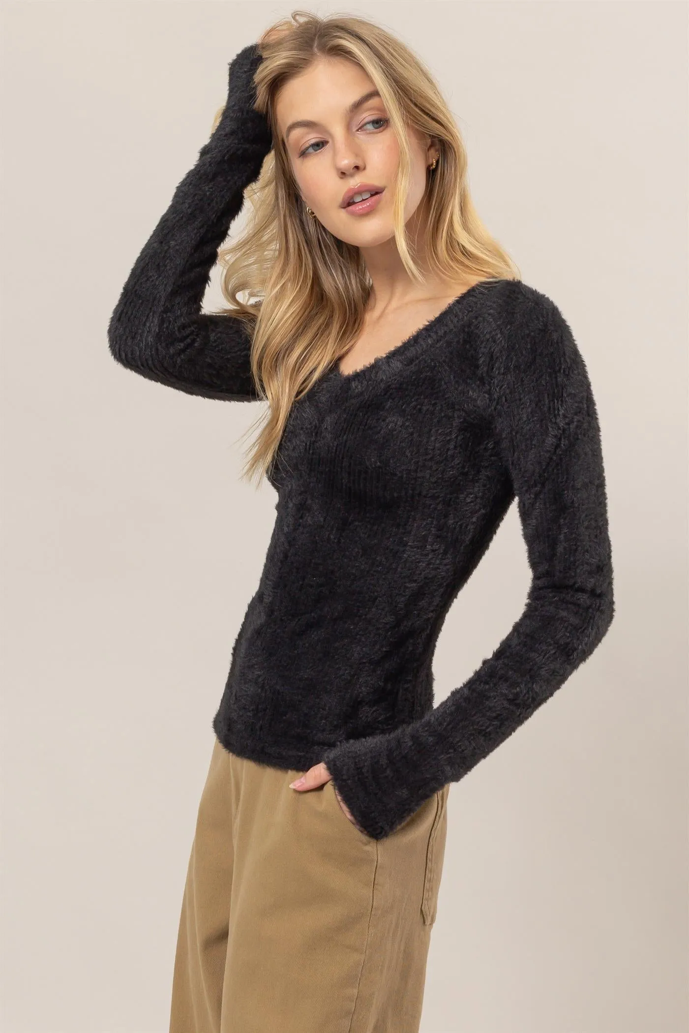 HF25A955-Fuzzy Knit Off-Shoulder Top