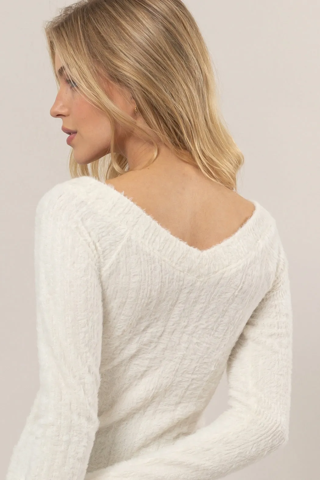 HF25A955-Fuzzy Knit Off-Shoulder Top