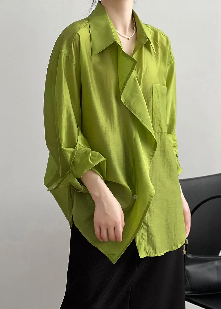 Italian Green Peter Pan Collar Ruffled Cotton Shirt Tops Early Fall QB037