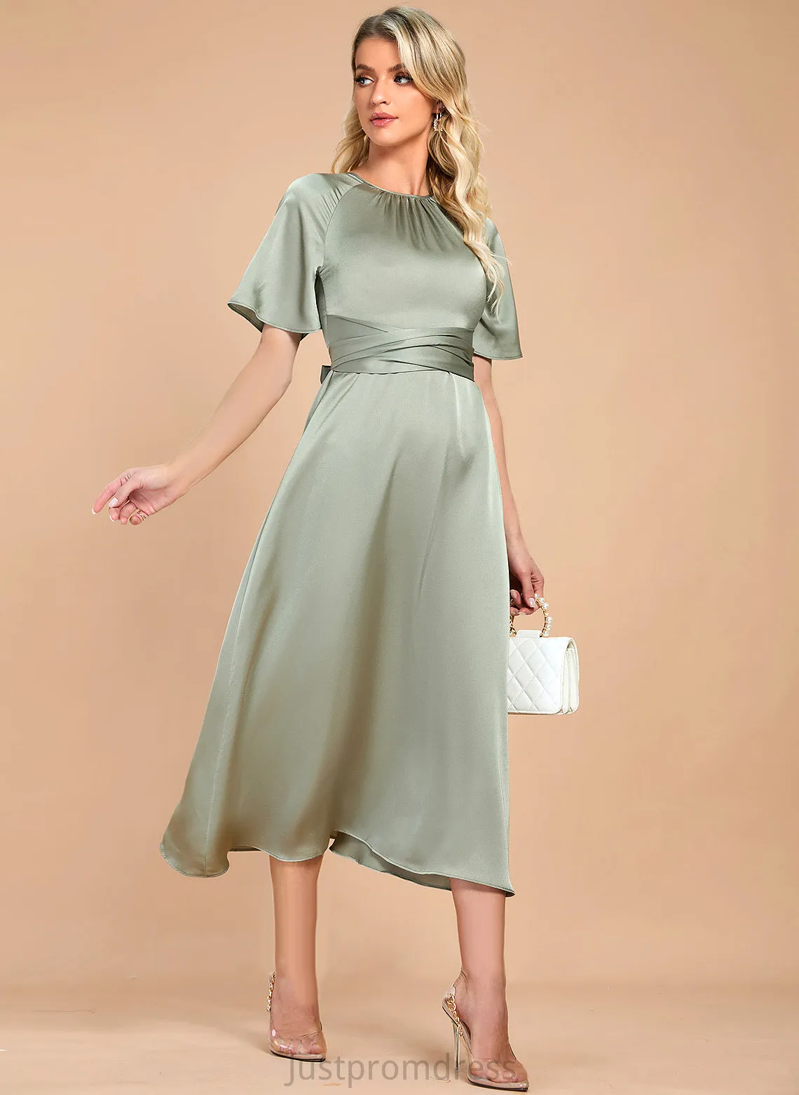 Kassandra Elegant Club Dresses Neck Midi Round Short Dresses Sleeves Satin A-line