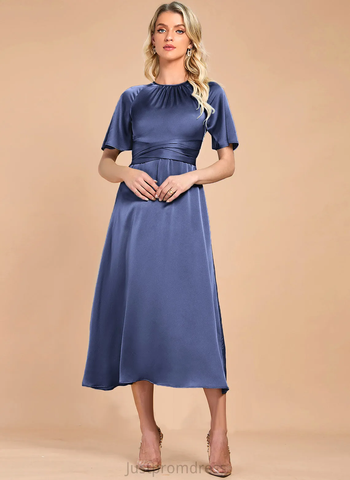 Kassandra Elegant Club Dresses Neck Midi Round Short Dresses Sleeves Satin A-line