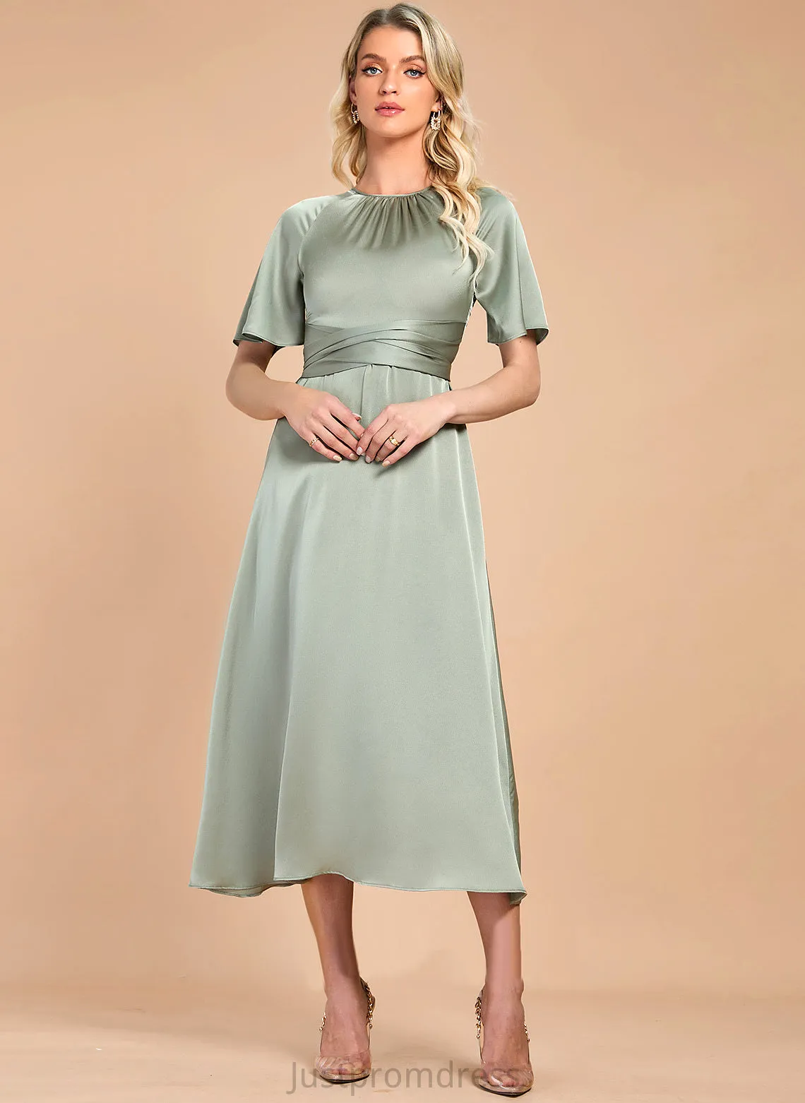 Kassandra Elegant Club Dresses Neck Midi Round Short Dresses Sleeves Satin A-line