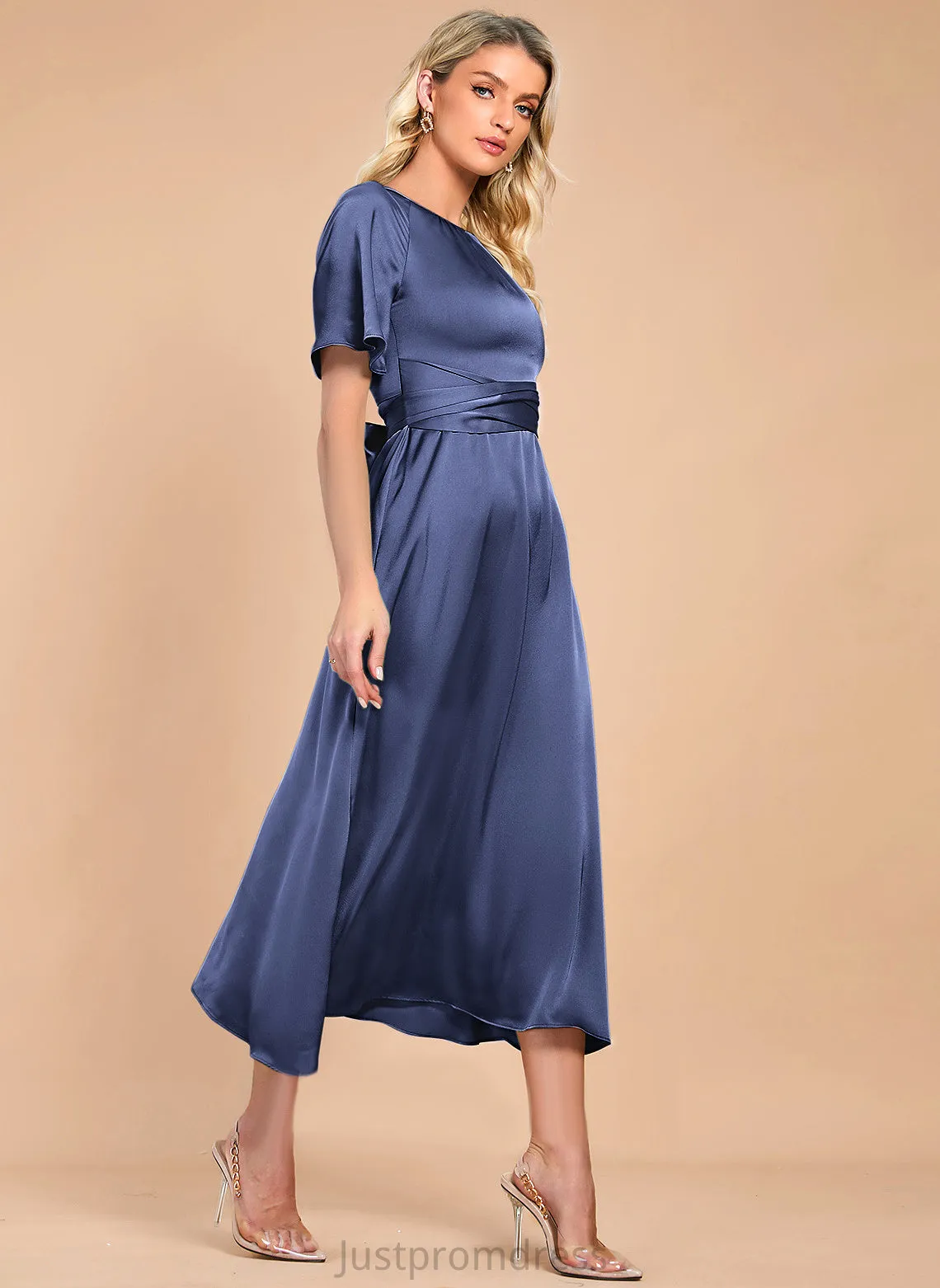 Kassandra Elegant Club Dresses Neck Midi Round Short Dresses Sleeves Satin A-line