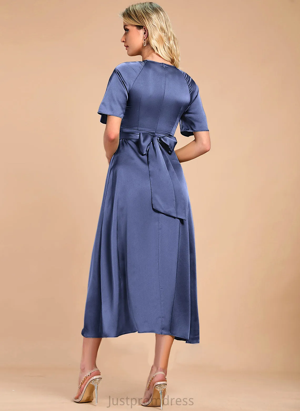 Kassandra Elegant Club Dresses Neck Midi Round Short Dresses Sleeves Satin A-line