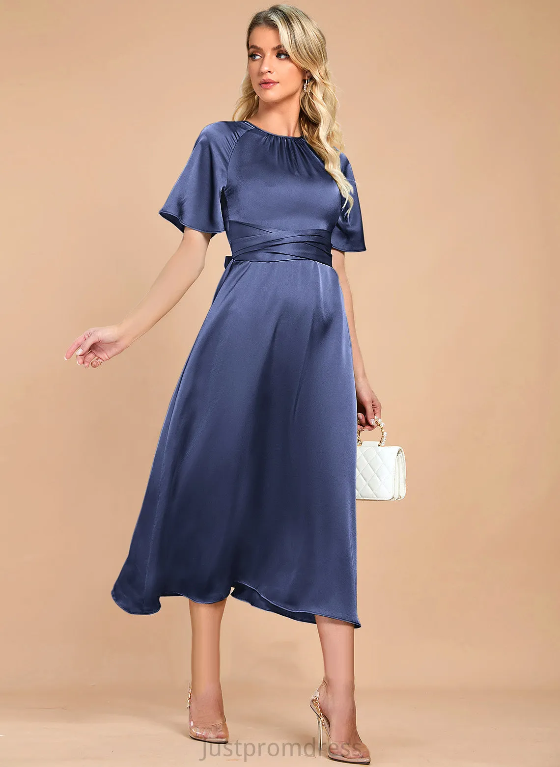 Kassandra Elegant Club Dresses Neck Midi Round Short Dresses Sleeves Satin A-line