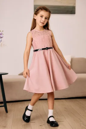 Kids Vintage Lace Patchwork Dress with Belt Sleeveless Crew Neck A-Line Dress