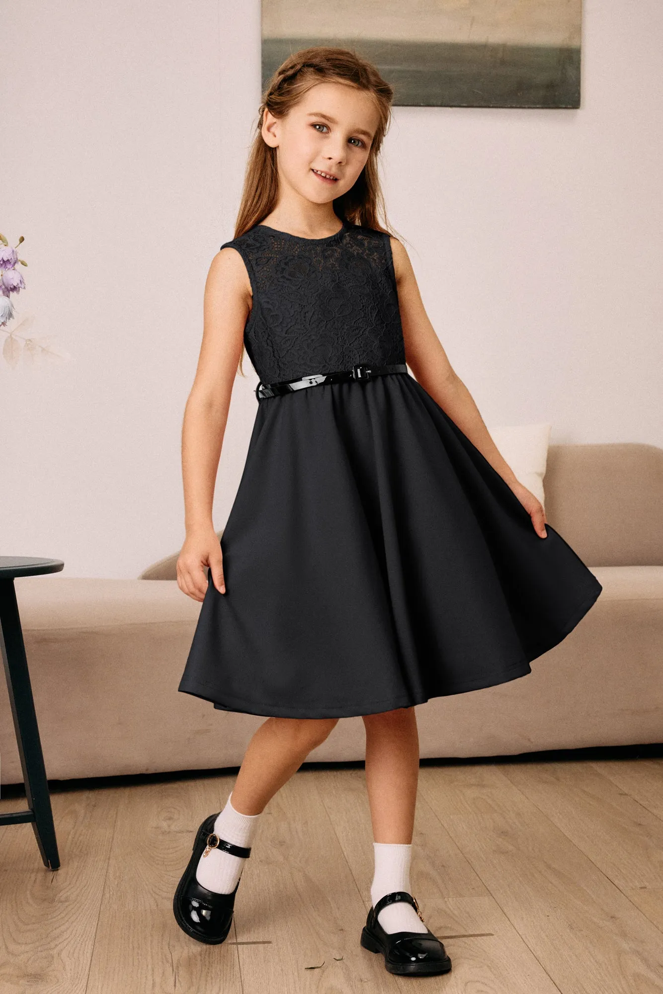 Kids Vintage Lace Patchwork Dress with Belt Sleeveless Crew Neck A-Line Dress