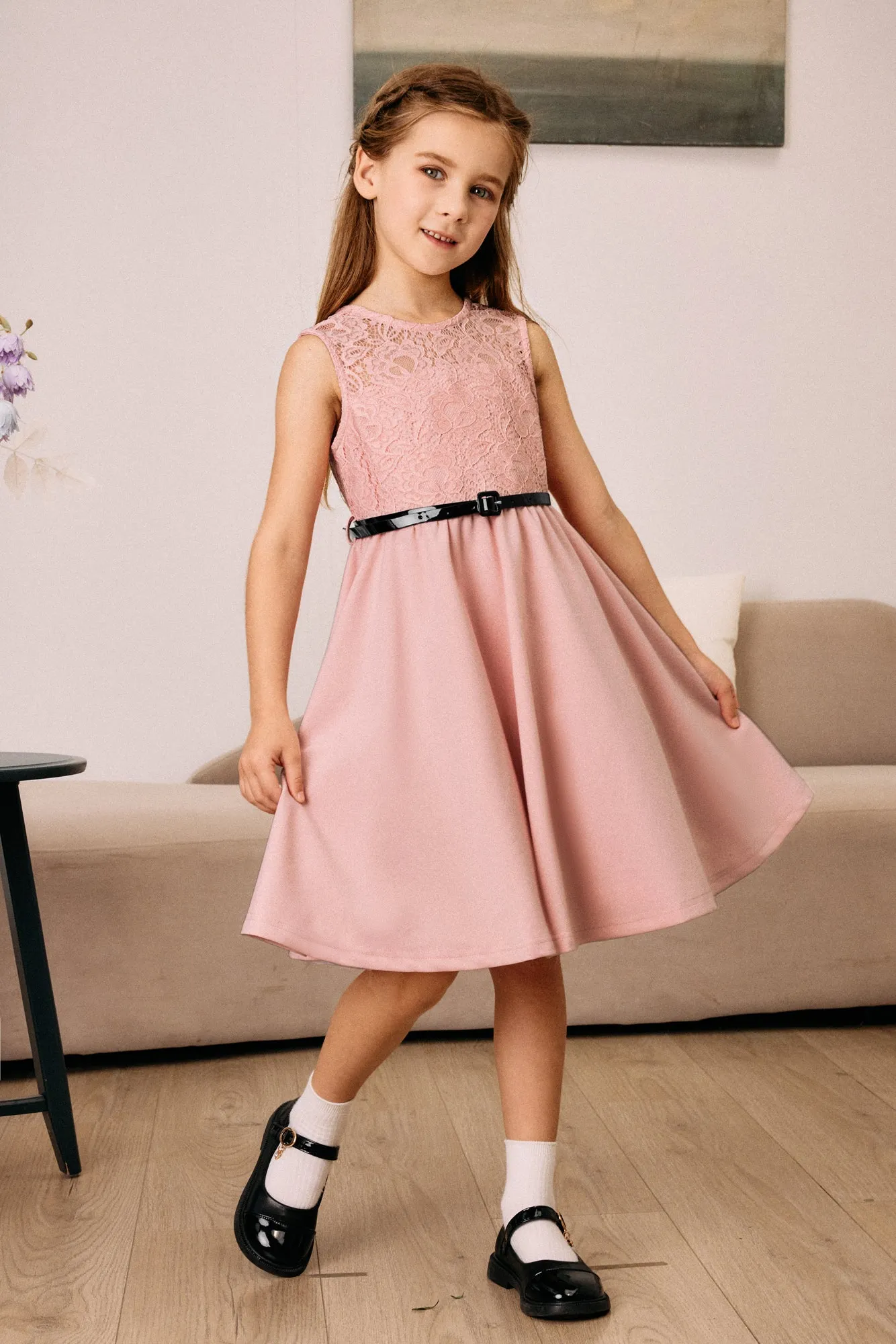 Kids Vintage Lace Patchwork Dress with Belt Sleeveless Crew Neck A-Line Dress