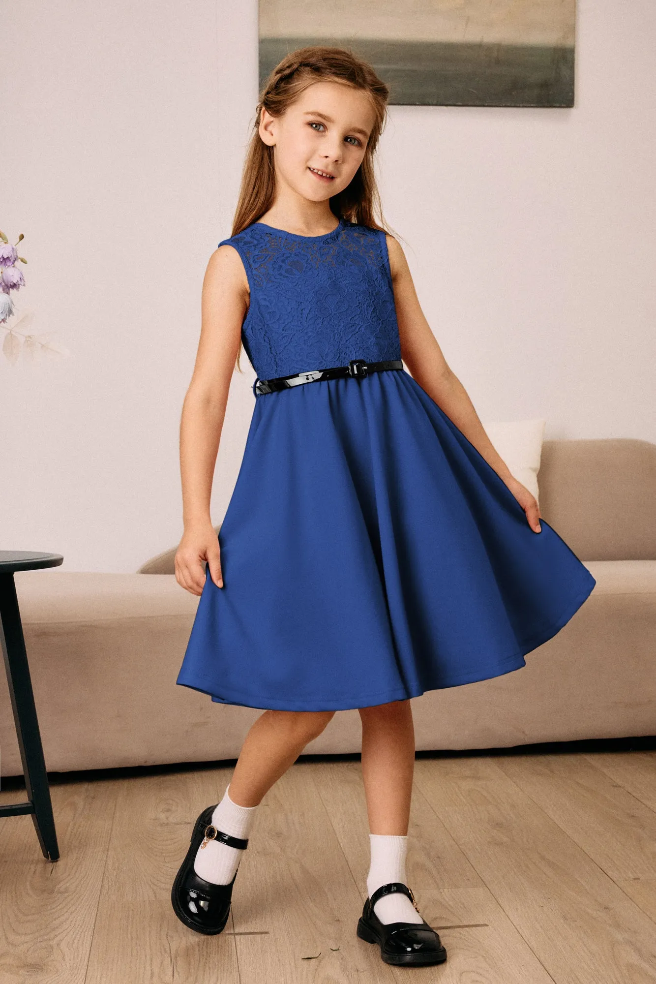 Kids Vintage Lace Patchwork Dress with Belt Sleeveless Crew Neck A-Line Dress