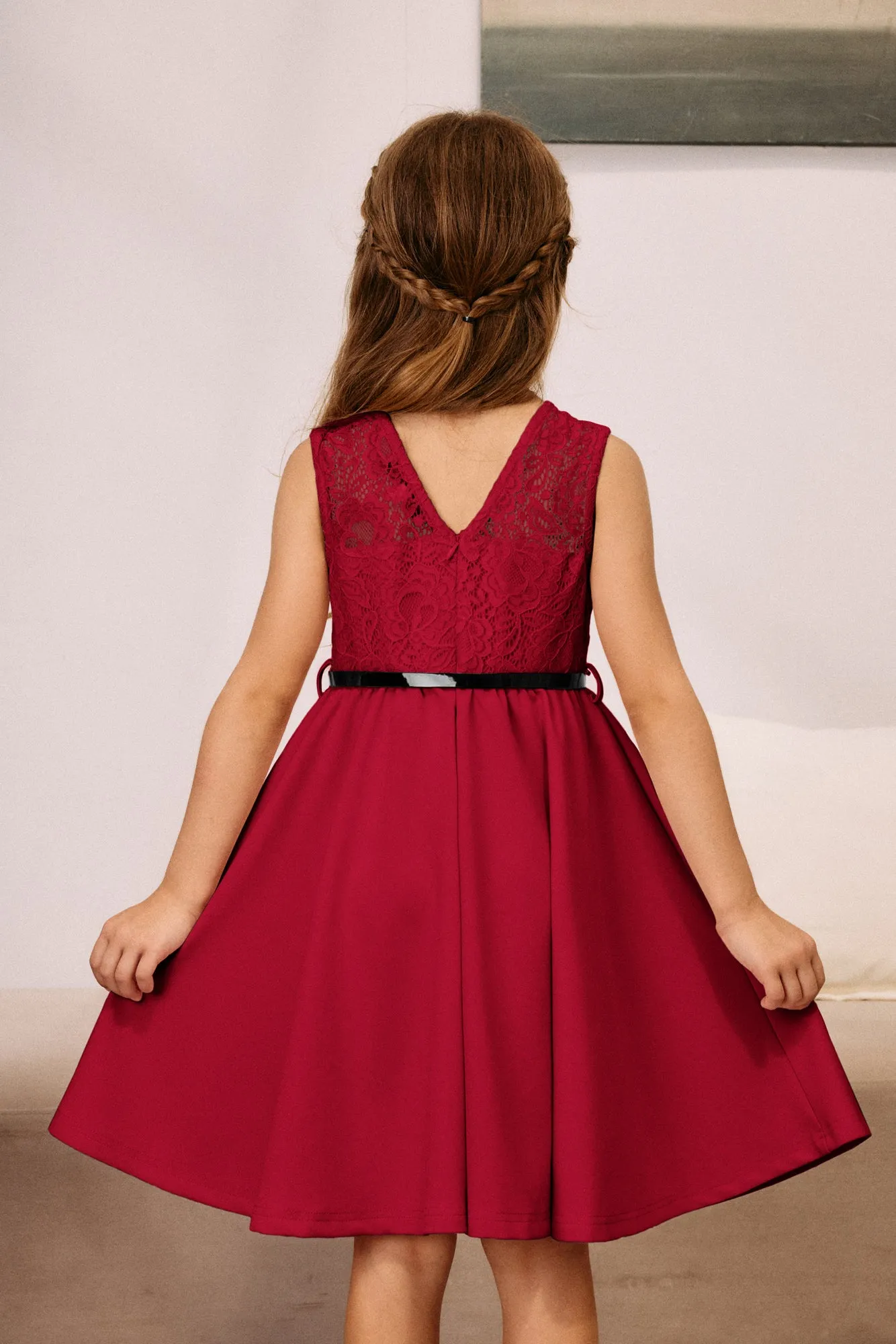 Kids Vintage Lace Patchwork Dress with Belt Sleeveless Crew Neck A-Line Dress