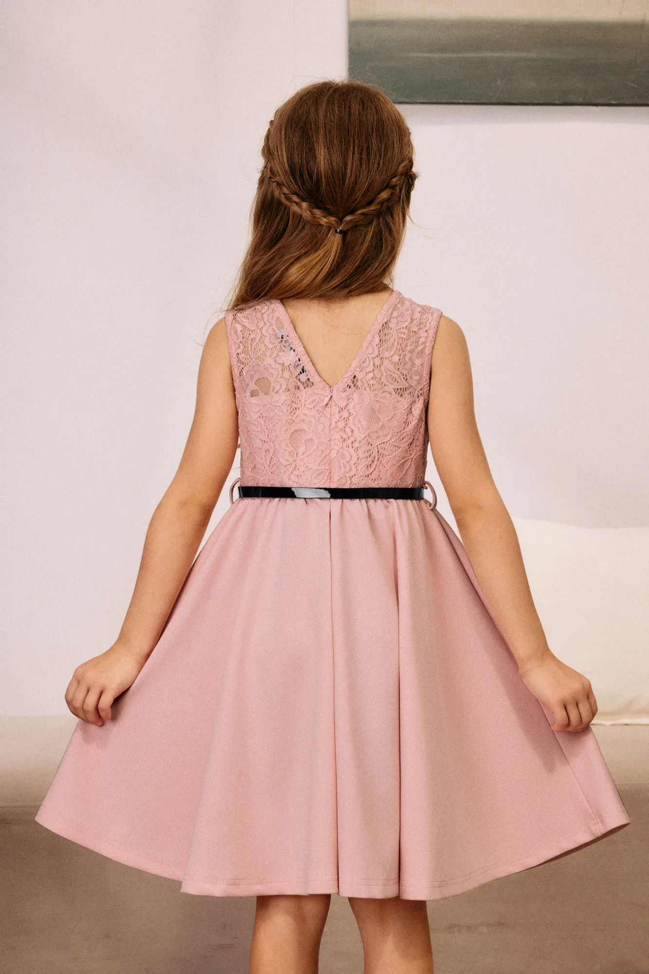 Kids Vintage Lace Patchwork Dress with Belt Sleeveless Crew Neck A-Line Dress