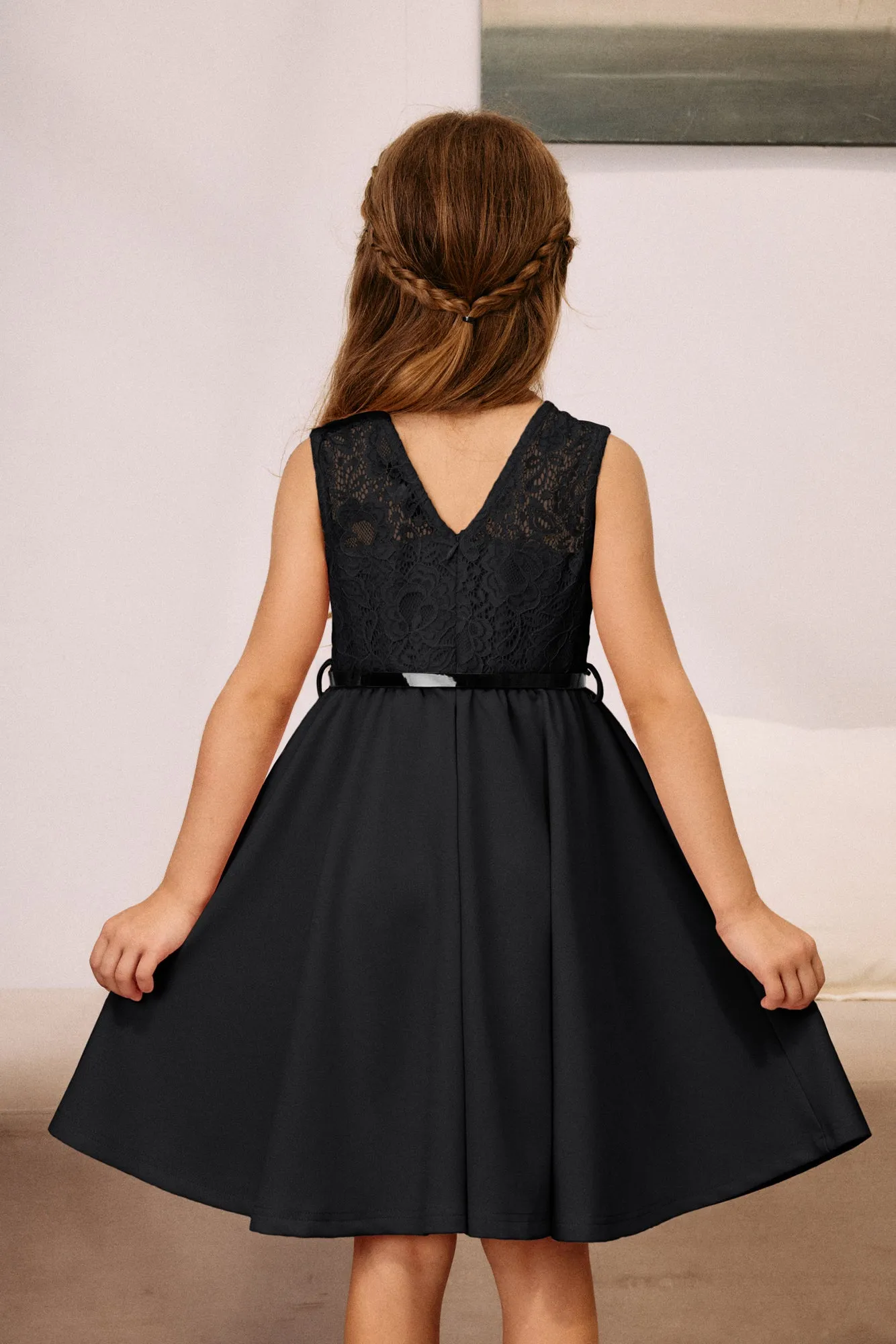 Kids Vintage Lace Patchwork Dress with Belt Sleeveless Crew Neck A-Line Dress