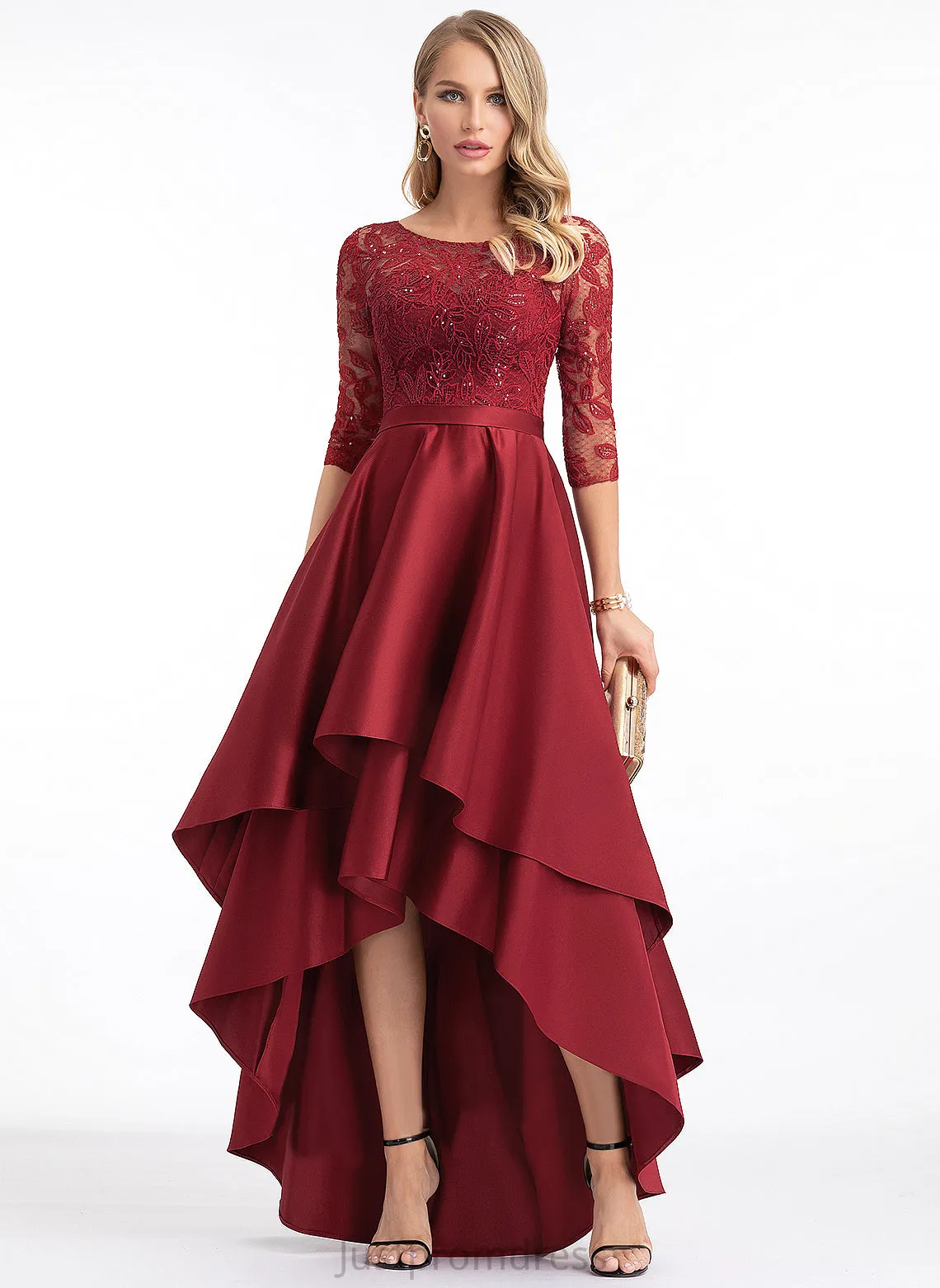 Lace Satin Club Dresses A-line Dresses Angela Sleeves Neck Asymmetrical Satin Round Sequins 1/2