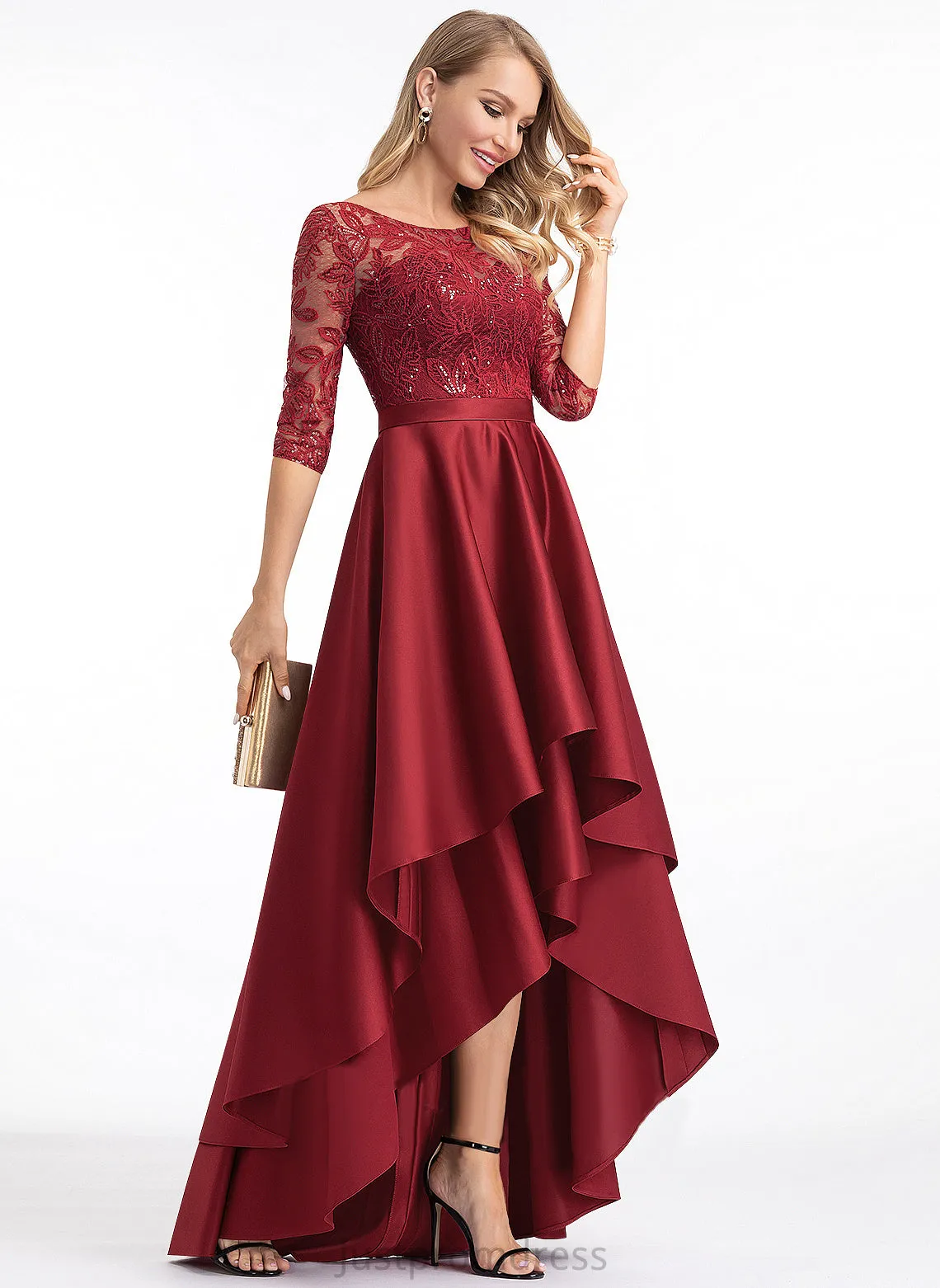 Lace Satin Club Dresses A-line Dresses Angela Sleeves Neck Asymmetrical Satin Round Sequins 1/2