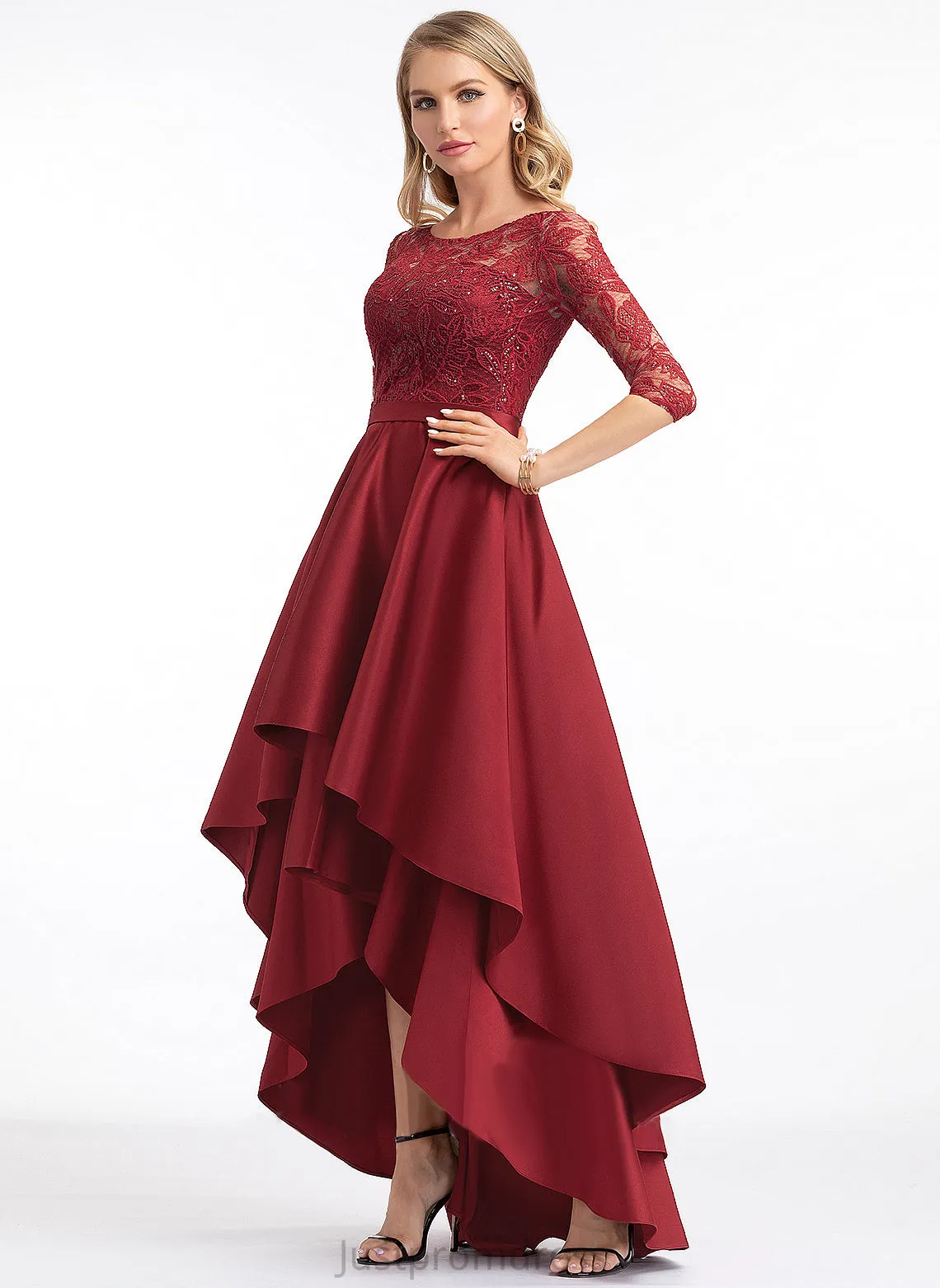 Lace Satin Club Dresses A-line Dresses Angela Sleeves Neck Asymmetrical Satin Round Sequins 1/2