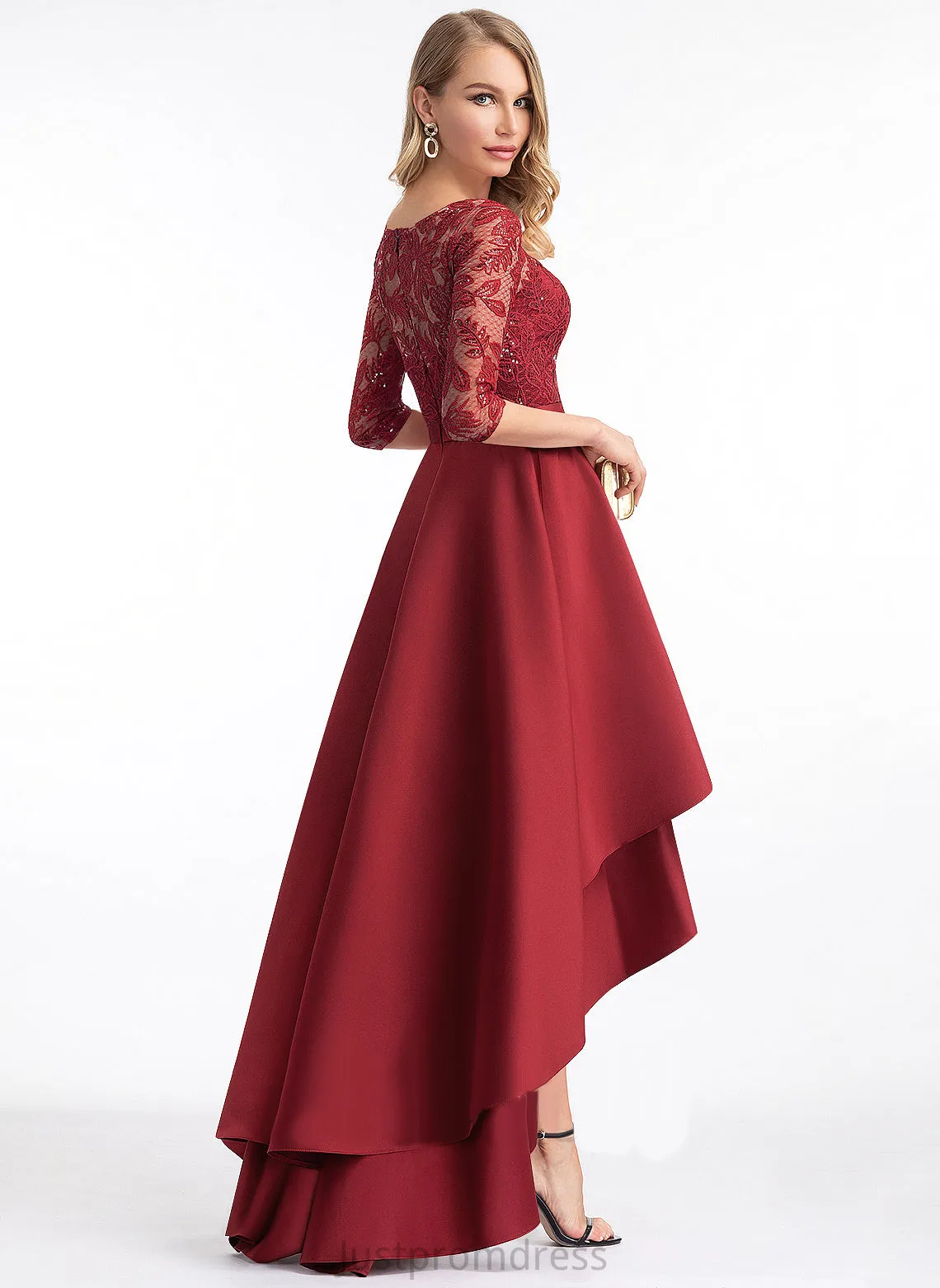 Lace Satin Club Dresses A-line Dresses Angela Sleeves Neck Asymmetrical Satin Round Sequins 1/2