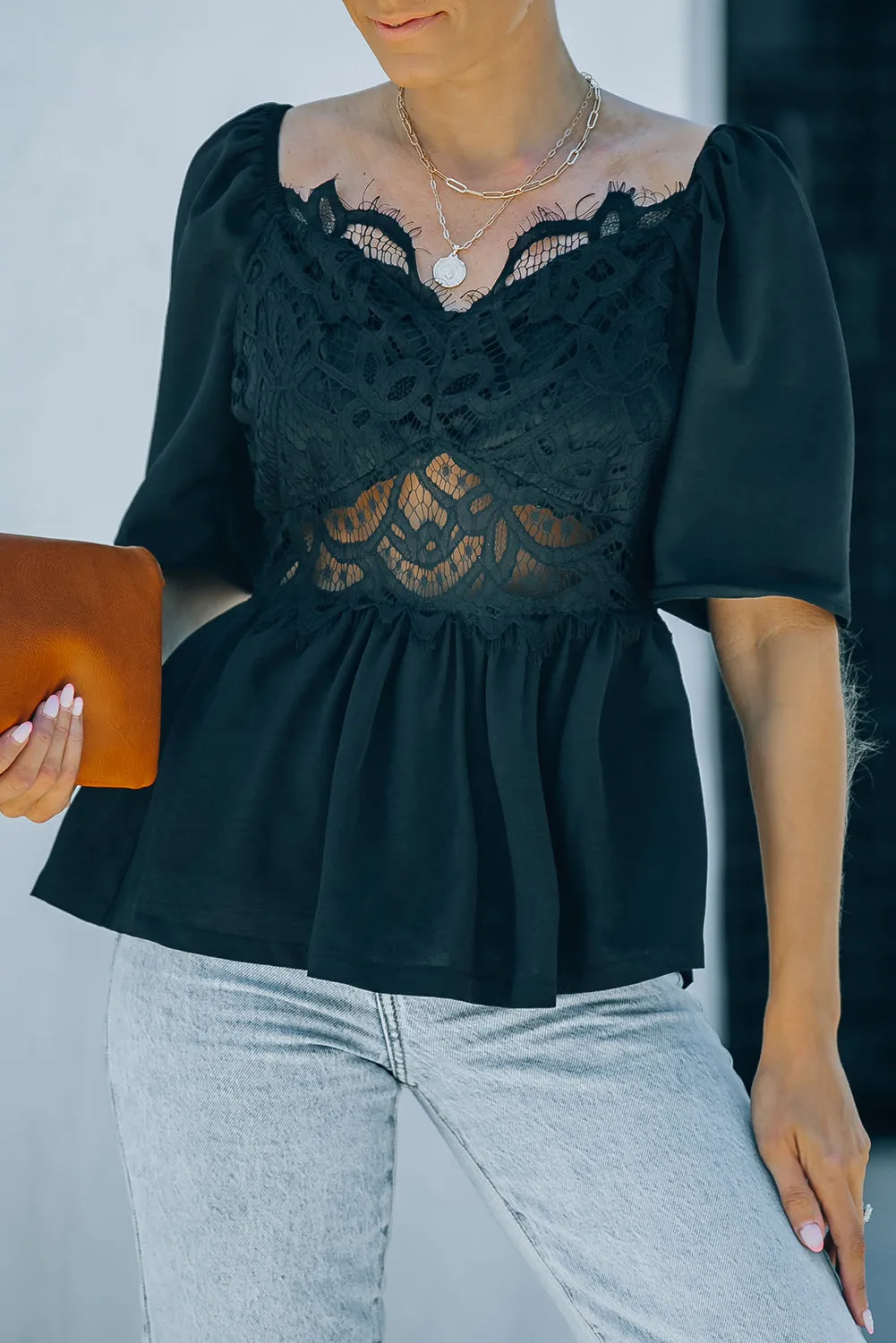 Lace Smocked Puff Sleeve Peplum Top