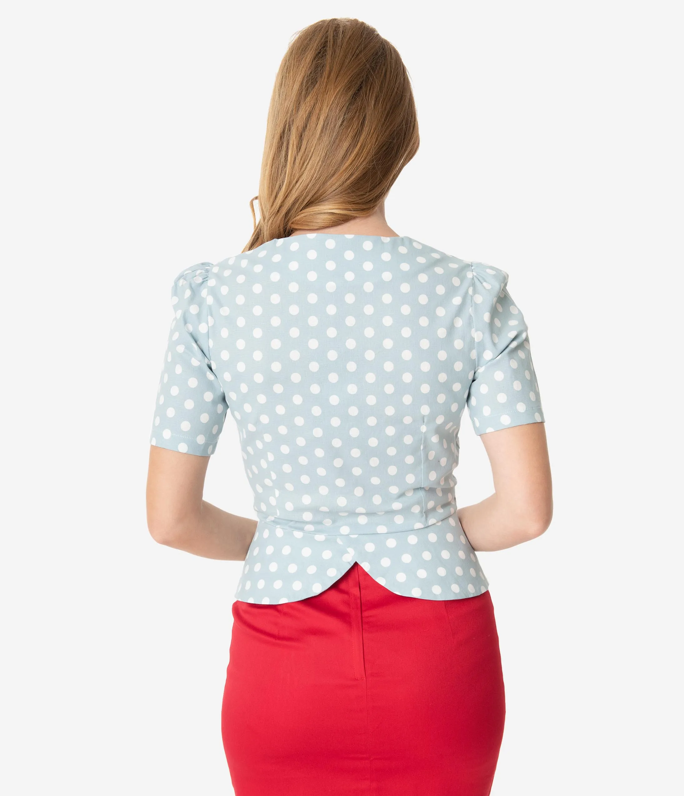 Light Blue & White Polka Dot Short Sleeve Button Up Blouse