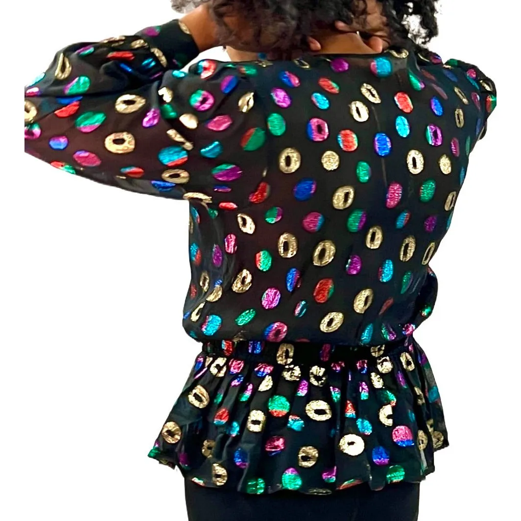 Lloyd Williams Blouse 80s Black  /Metallic colorful Rayon Polka Dots Sz M/L