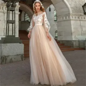 Luxury  applique lantern sleeve tulle  A Line wedding dress