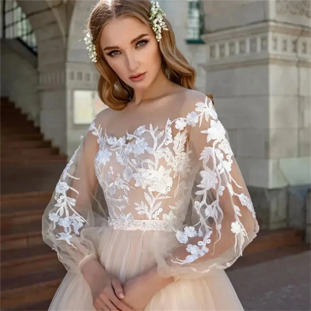 Luxury  applique lantern sleeve tulle  A Line wedding dress