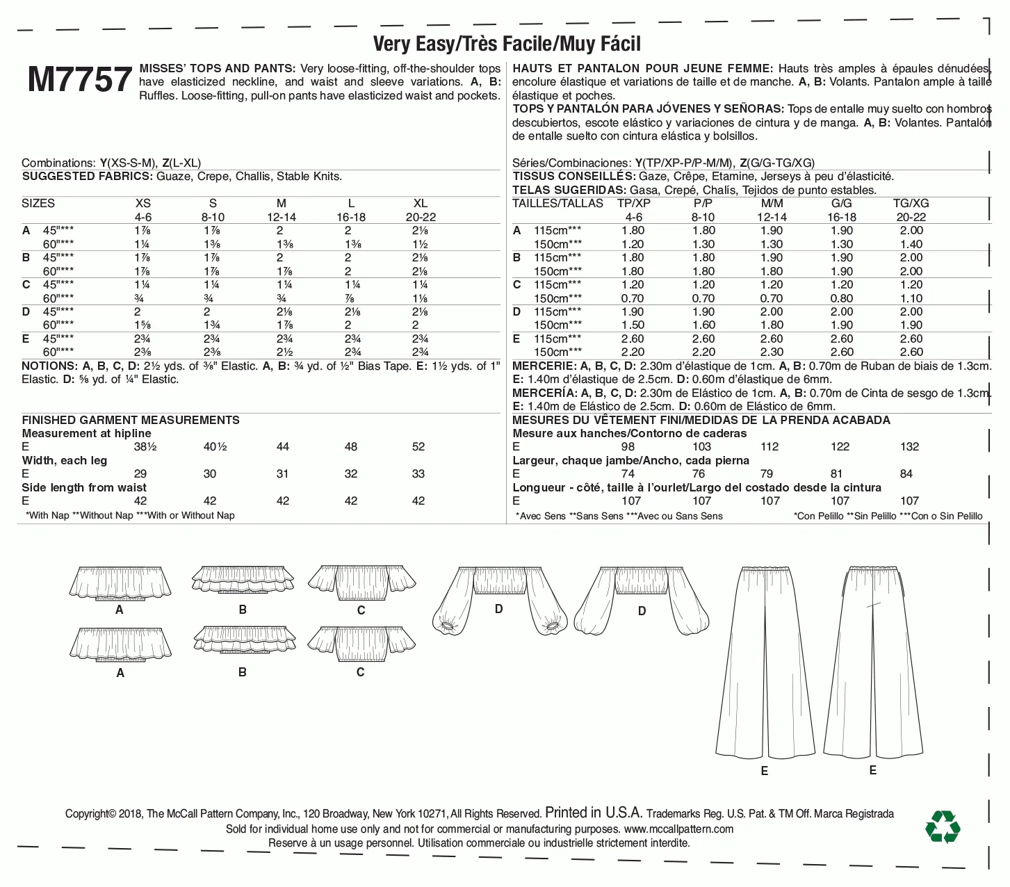 McCall's Pattern M7757 Misses' Tops and Pants