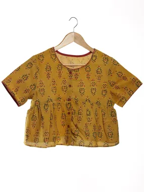 Mustard Black Maroon Ajrakh Hand Printed Cotton Peplum Blouse - B04F1618