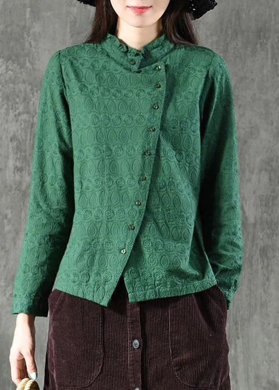 Natural Green Ruffled Jacquard Button Tops Long sleeve