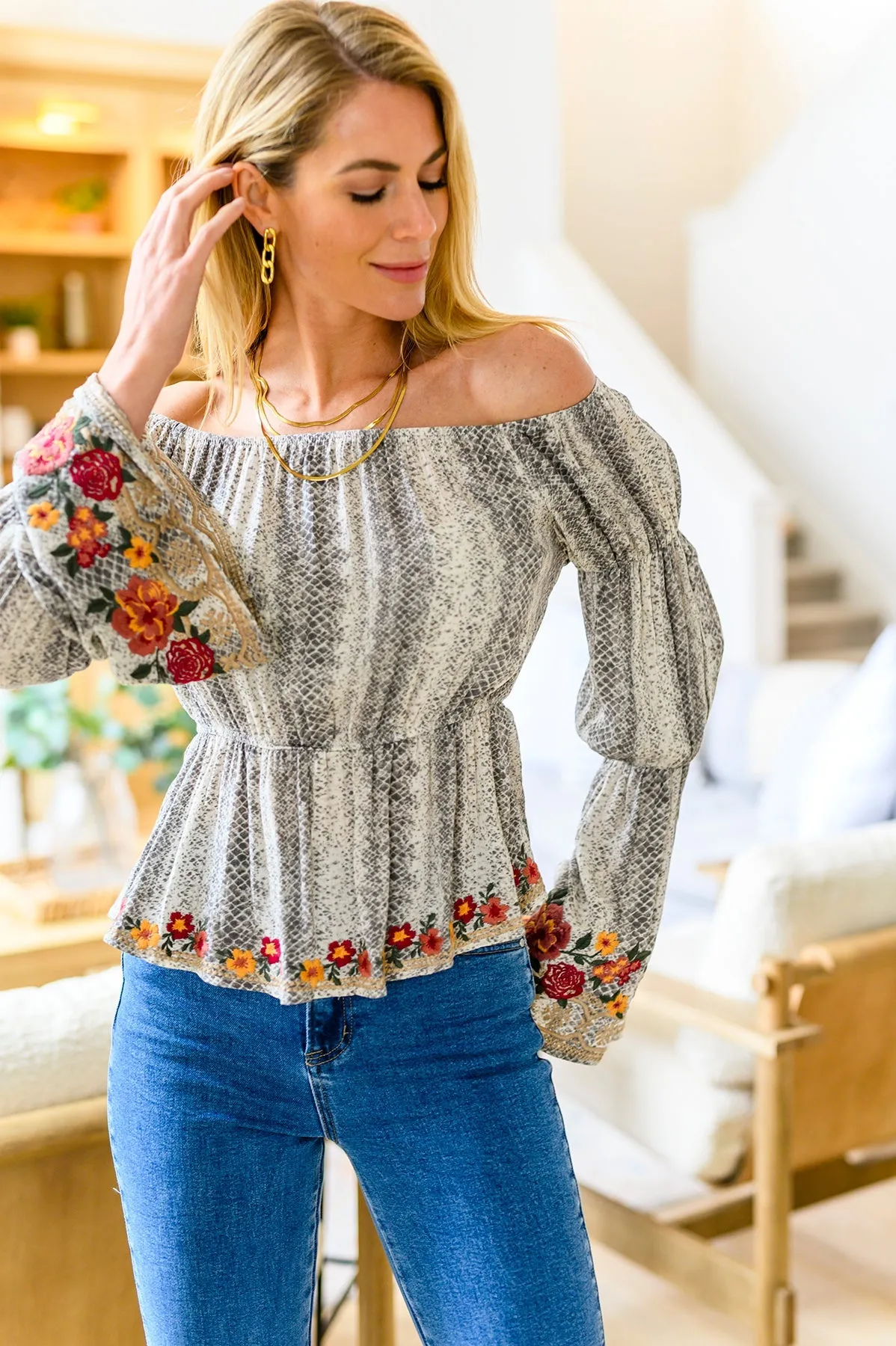 Off Shoulder Embroidered Blouse