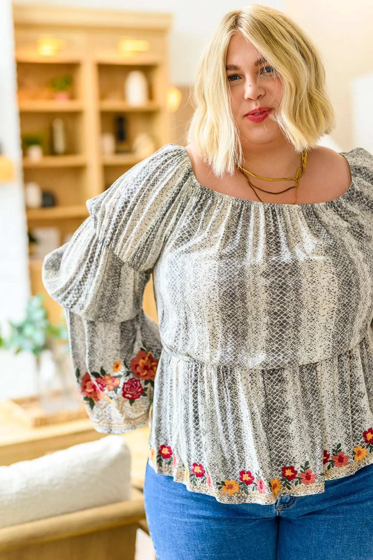 Off Shoulder Embroidered Blouse