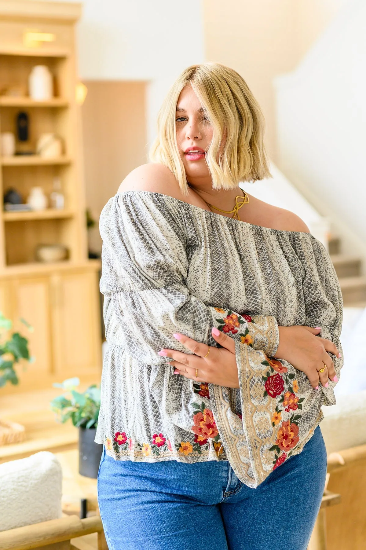 Off Shoulder Embroidered Blouse