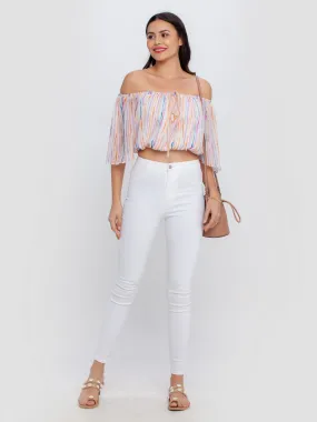 Off White Printed Off Shoulder Top