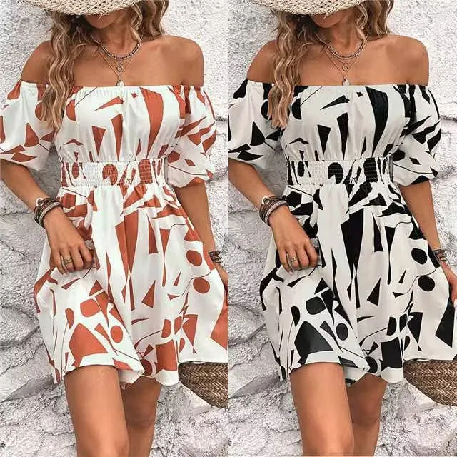 One-Shoulder Balloon Sleeve Slim-Fit Print Dress Wholesale Dresses