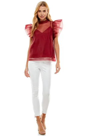 ORGANZA RUFFLED SLEEVE TOP IN BURGUNDY