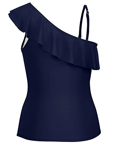 Padded Push Up Bra One Shoulder Strapless Womens Swimsuit Tops-Navy Blue